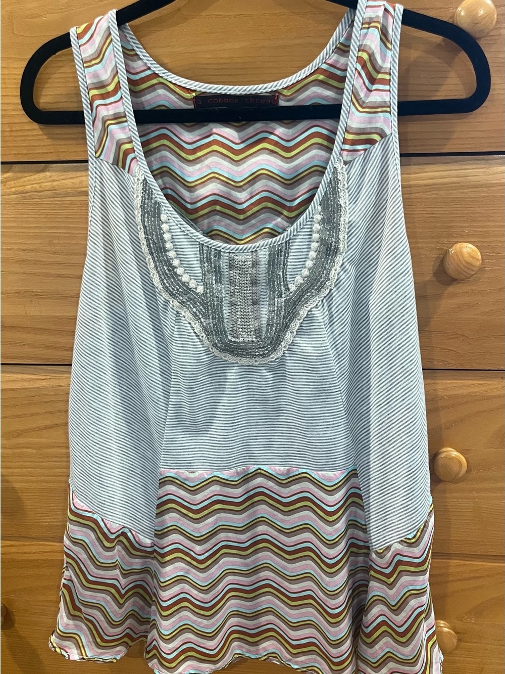Embroidered Scoop Neck Tank Top - White with Multi Chevron